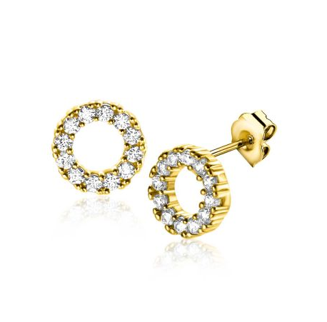 ZINZI Gold 14 krt gouden oorknoppen met open rondje (7mm), rondom mooi bezet met witte zirconia's. Een echte glinstering op je oor! Vervaardigd van geheel 14 karaat goud (585).